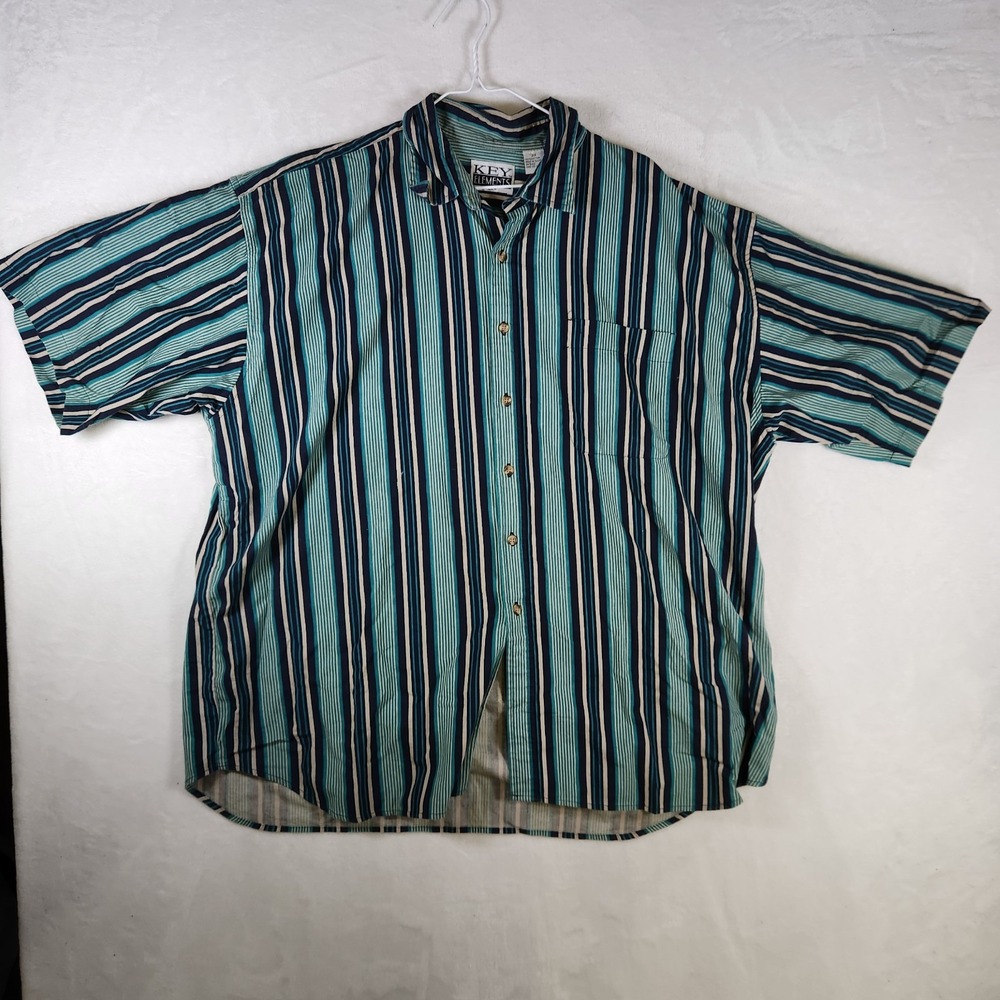Vtg Key Elements Mens 2X Stripe Button Down‎ Shirt Teal Navy White Cotton Egypt